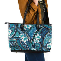 Polynesian Hibiscus Tropical Blue Floral Leather Tote Bag Tribal Pattern - Polynesian Pride