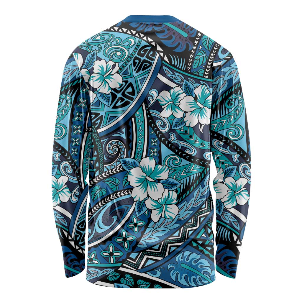 Polynesian Hibiscus Tropical Blue Floral Long Sleeve Shirt Tribal Pattern LT01 - Polynesian Pride