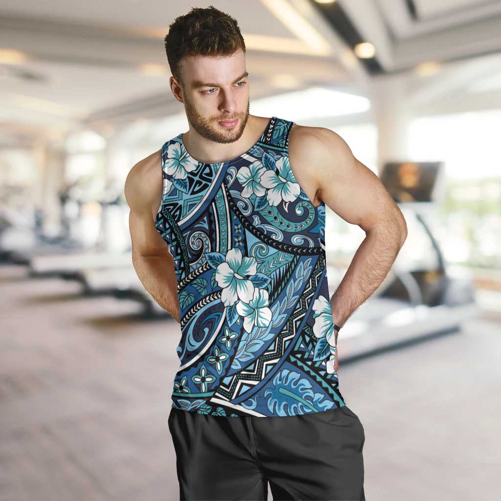 Polynesian Hibiscus Tropical Blue Floral Men Tank Top Tribal Pattern LT01 Blue - Polynesian Pride