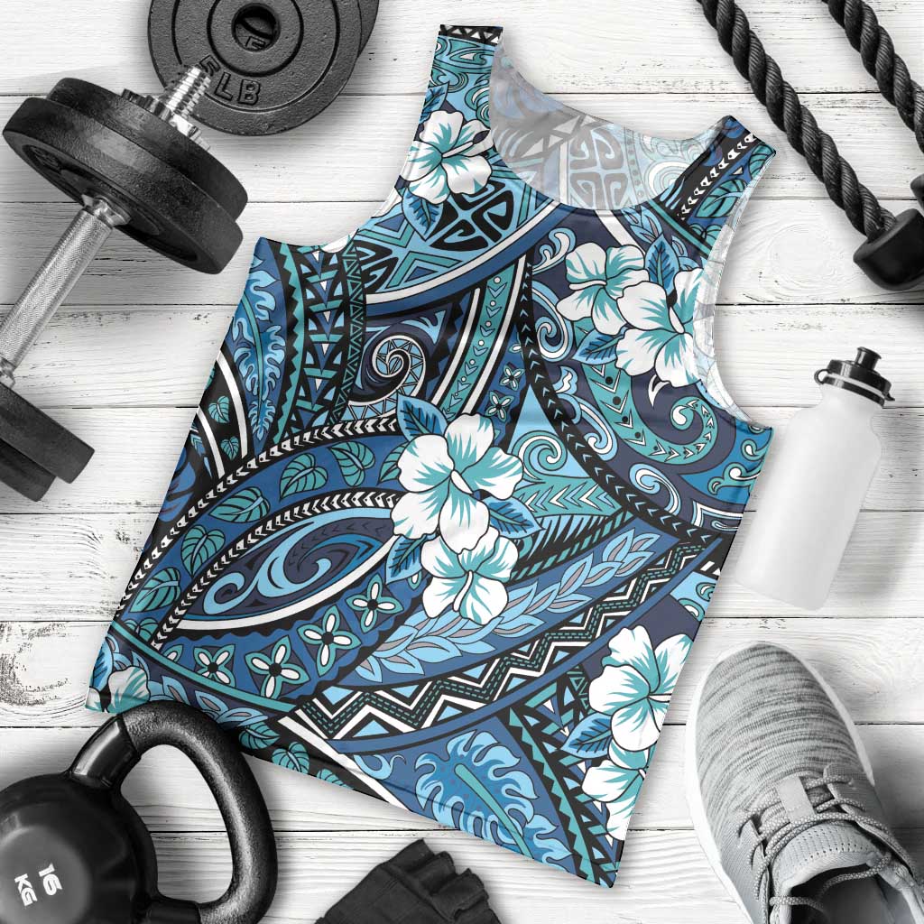 Polynesian Hibiscus Tropical Blue Floral Men Tank Top Tribal Pattern LT01 - Polynesian Pride