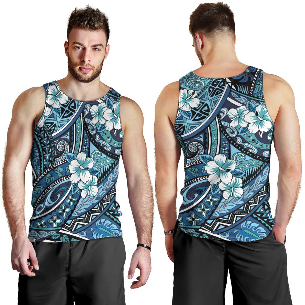 Polynesian Hibiscus Tropical Blue Floral Men Tank Top Tribal Pattern LT01 - Polynesian Pride