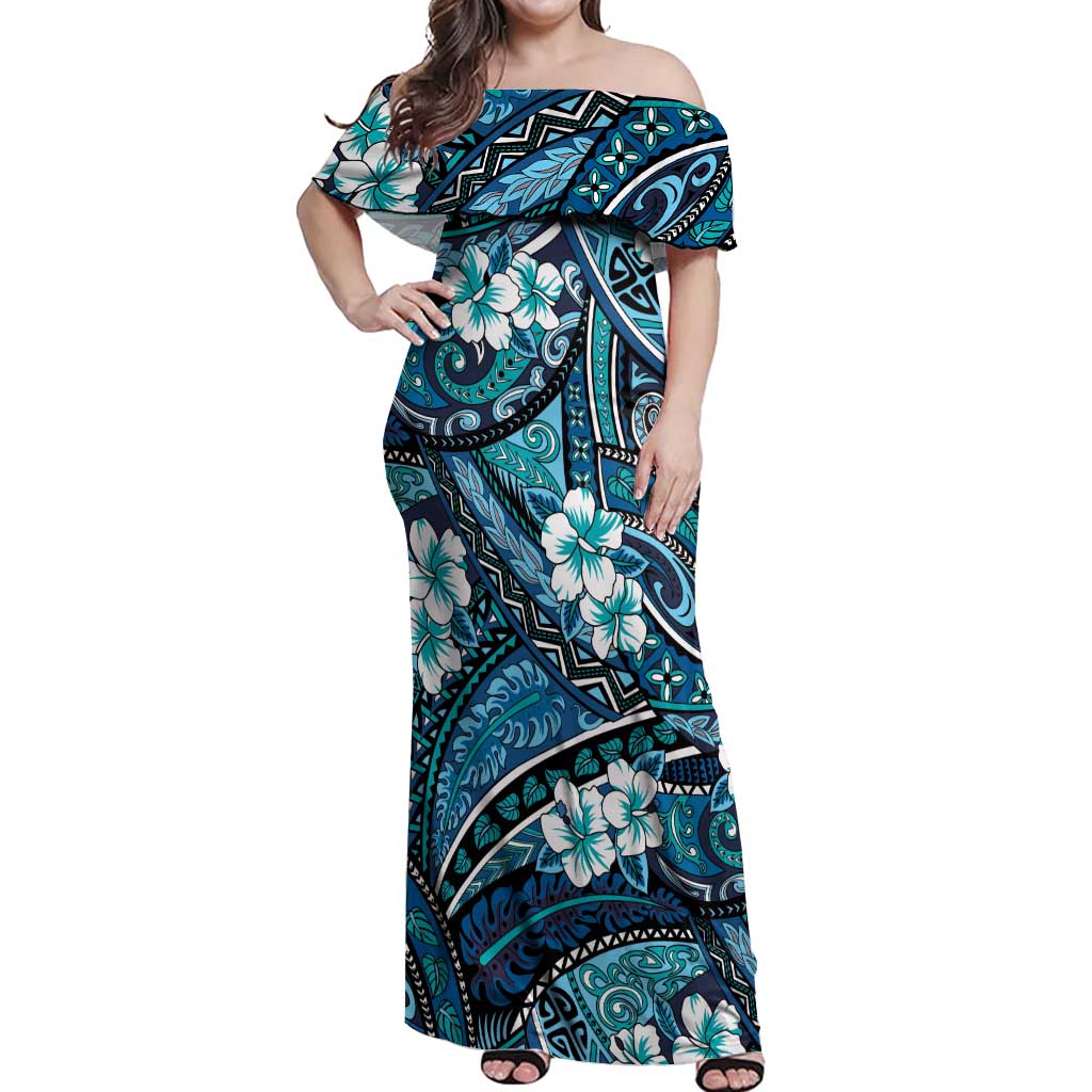 Polynesian Hibiscus Tropical Blue Floral Off Shoulder Maxi Dress Tribal Pattern LT01 Women Blue - Polynesian Pride