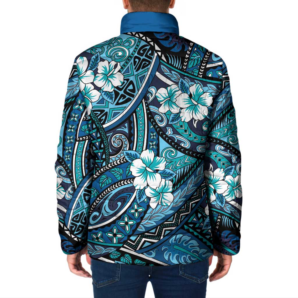 Polynesian Hibiscus Tropical Blue Floral Padded Jacket Tribal Pattern LT01 - Polynesian Pride