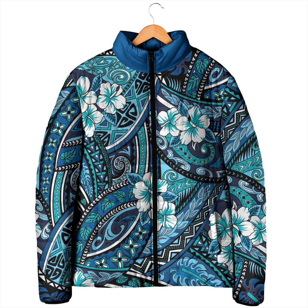 Polynesian Hibiscus Tropical Blue Floral Padded Jacket Tribal Pattern LT01 - Polynesian Pride