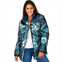 Polynesian Hibiscus Tropical Blue Floral Padded Jacket Tribal Pattern LT01 Women Blue - Polynesian Pride