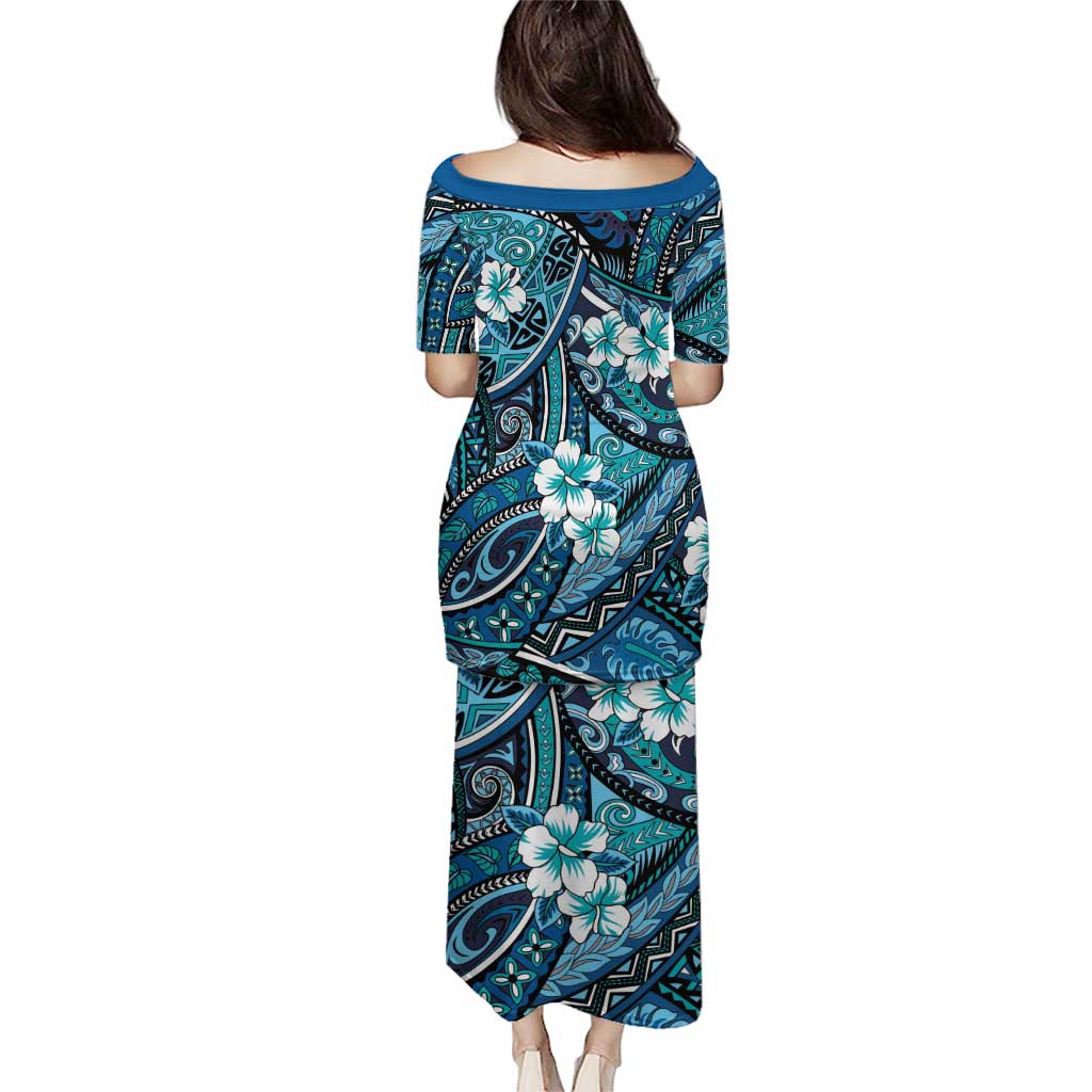 Polynesian Hibiscus Tropical Blue Floral Puletasi Tribal Pattern LT01 - Polynesian Pride