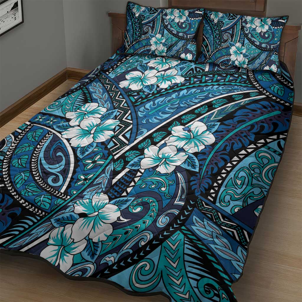 Polynesian Hibiscus Tropical Blue Floral Quilt Bed Set Tribal Pattern - Polynesian Pride