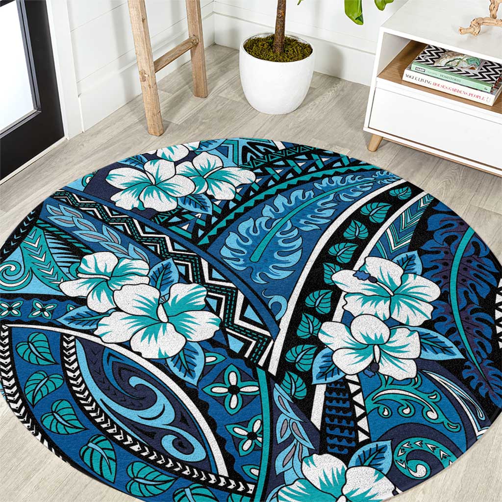 Polynesian Hibiscus Tropical Blue Floral Round Carpet Tribal Pattern - Polynesian Pride