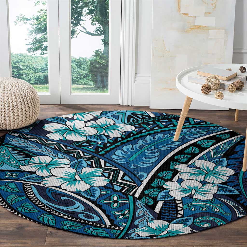 Polynesian Hibiscus Tropical Blue Floral Round Carpet Tribal Pattern - Polynesian Pride