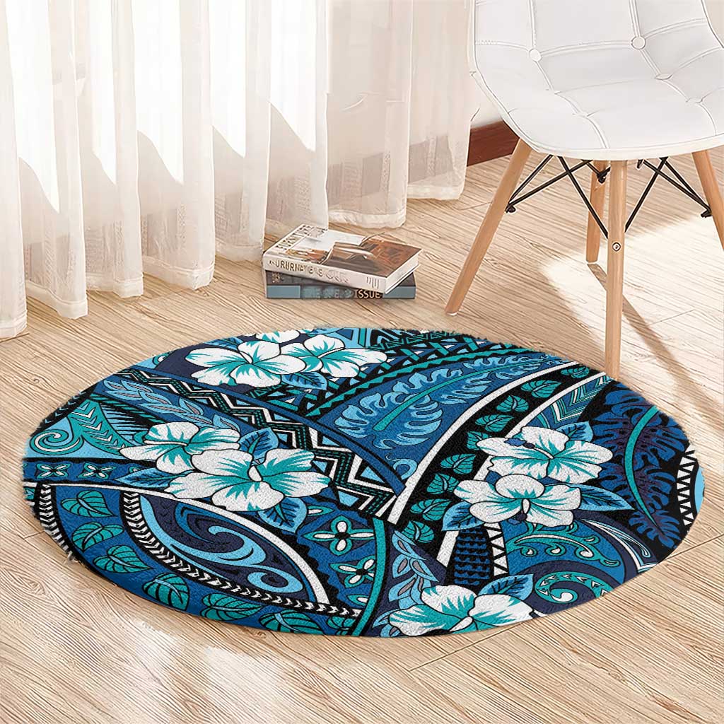 Polynesian Hibiscus Tropical Blue Floral Round Carpet Tribal Pattern - Polynesian Pride