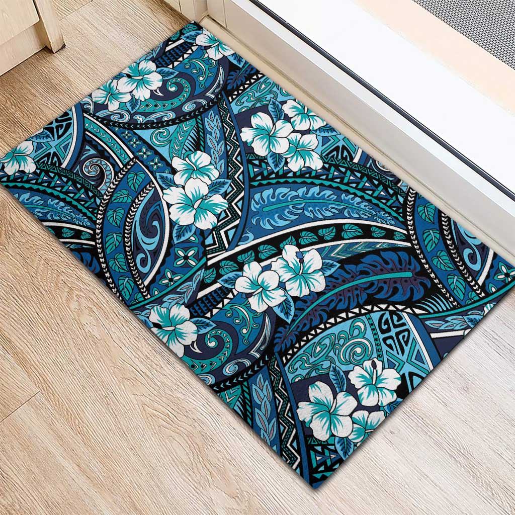 Polynesian Hibiscus Tropical Blue Floral Rubber Doormat Tribal Pattern LT01 - Polynesian Pride