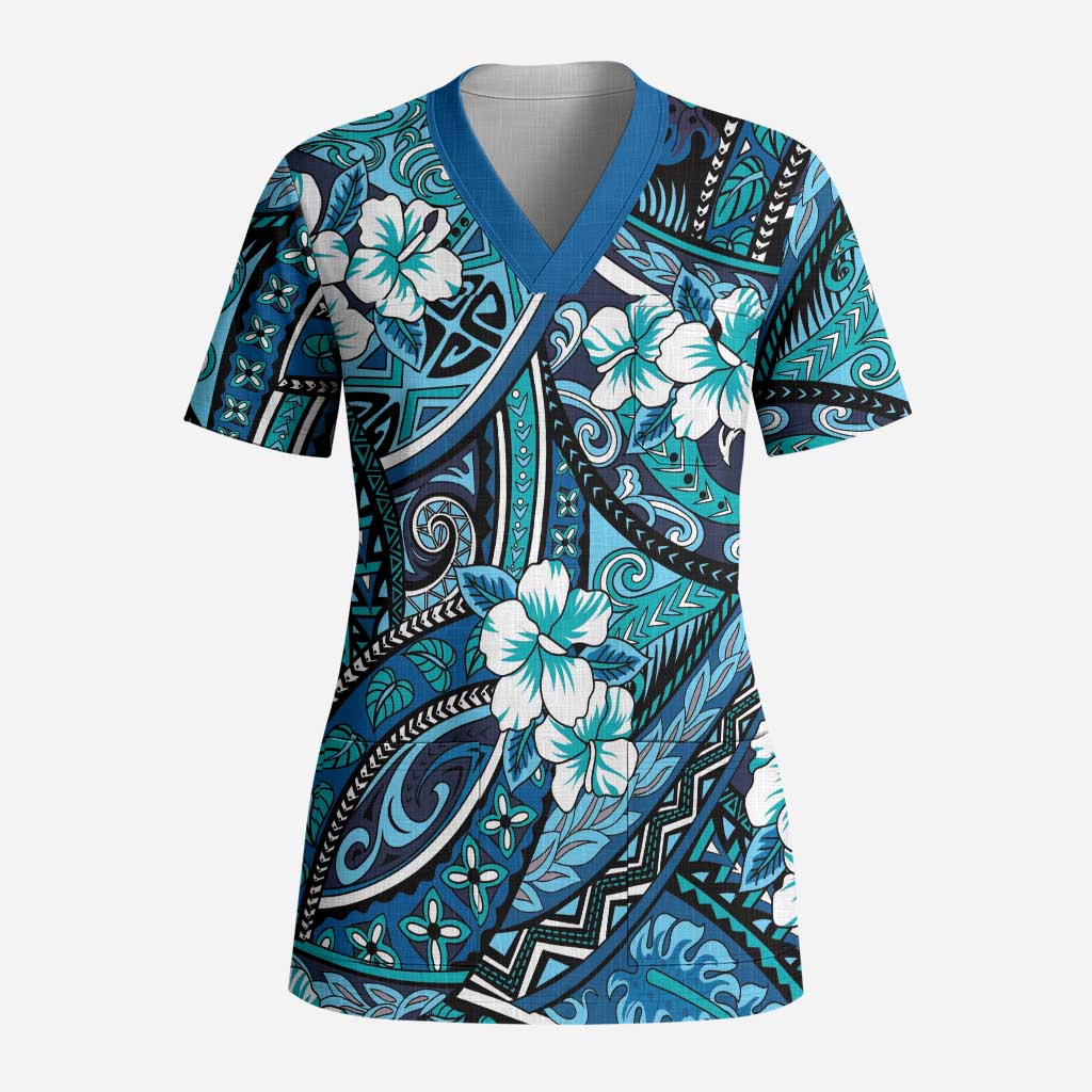 Polynesian Hibiscus Tropical Blue Floral Scrub Top Tribal Pattern LT01 Adult Blue - Polynesian Pride