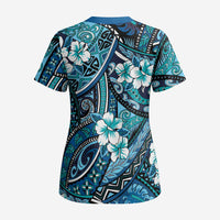 Polynesian Hibiscus Tropical Blue Floral Scrub Top Tribal Pattern LT01 - Polynesian Pride