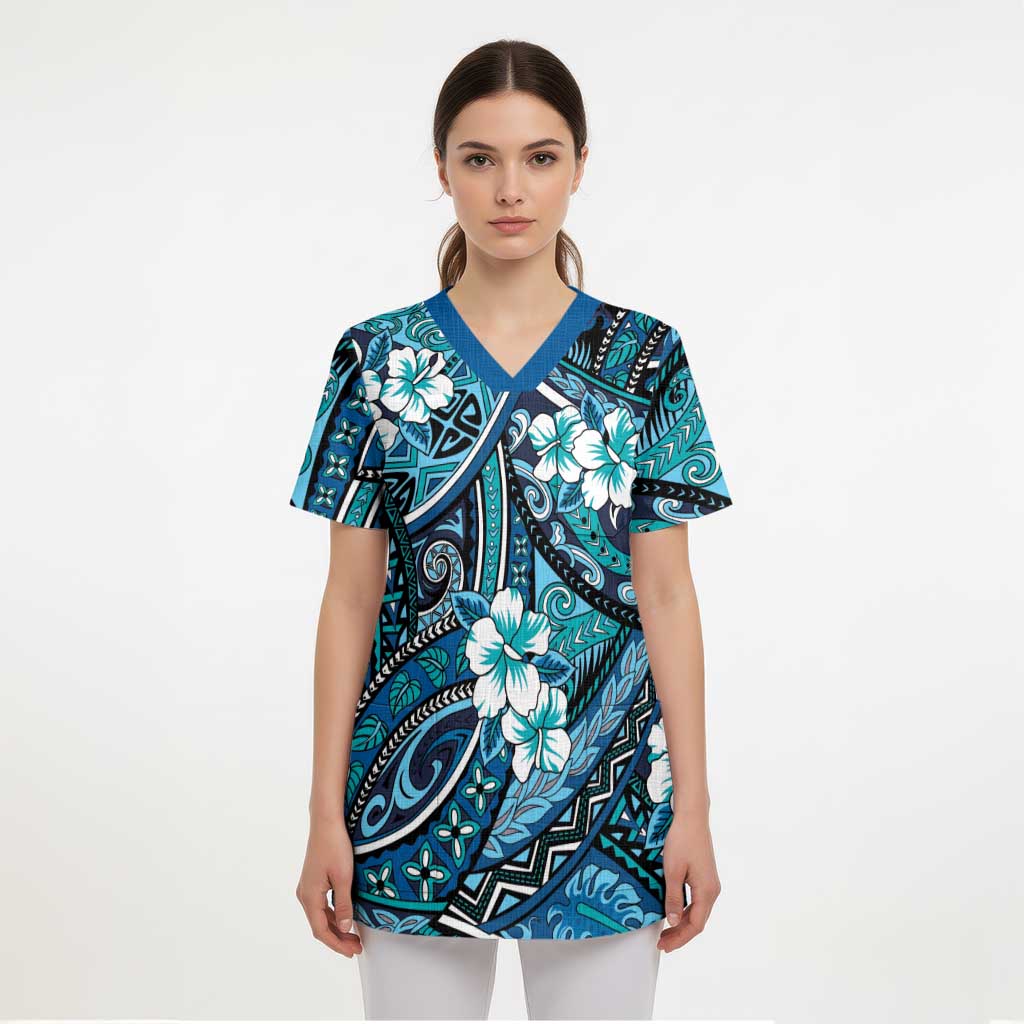 Polynesian Hibiscus Tropical Blue Floral Scrub Top Tribal Pattern LT01 - Polynesian Pride