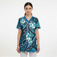 Polynesian Hibiscus Tropical Blue Floral Scrub Top Tribal Pattern LT01 - Polynesian Pride