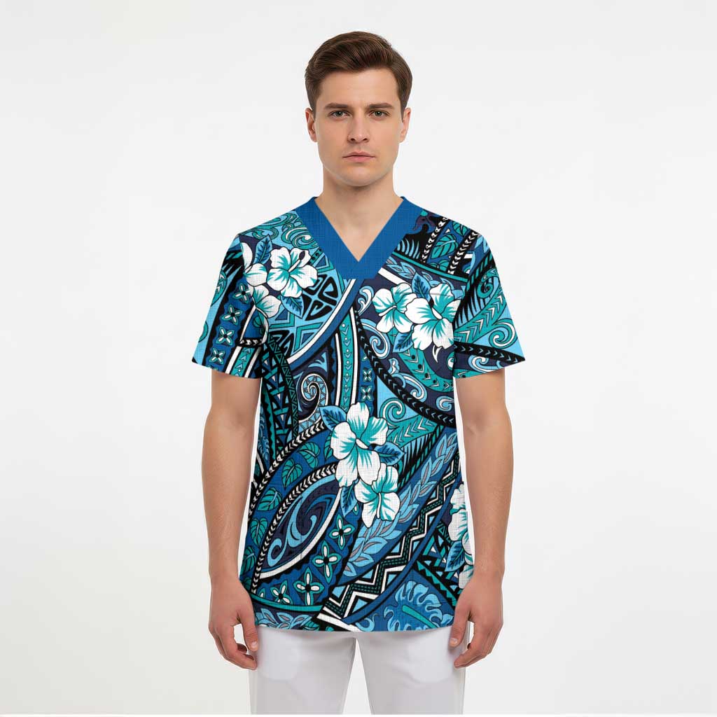 Polynesian Hibiscus Tropical Blue Floral Scrub Top Tribal Pattern LT01 - Polynesian Pride