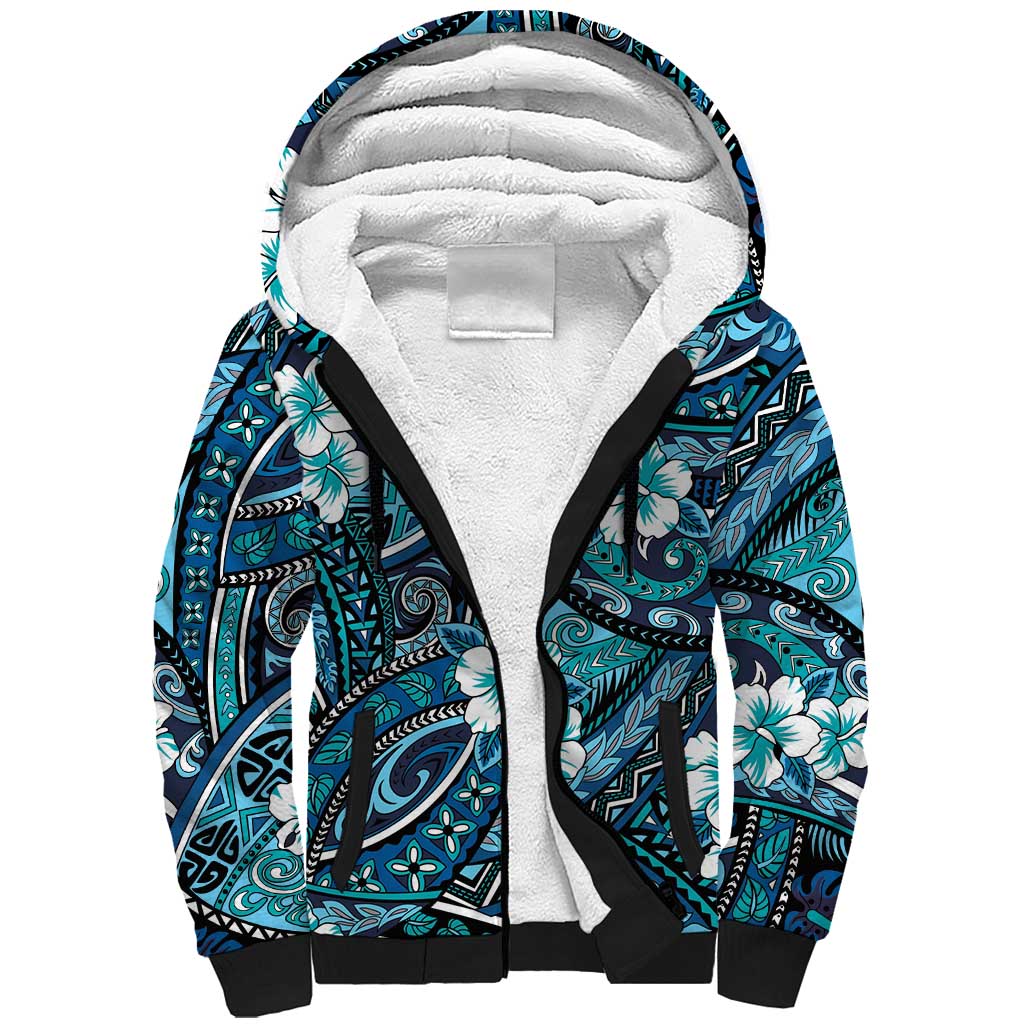 Polynesian Hibiscus Tropical Blue Floral Sherpa Hoodie Tribal Pattern LT01 Unisex Blue - Polynesian Pride