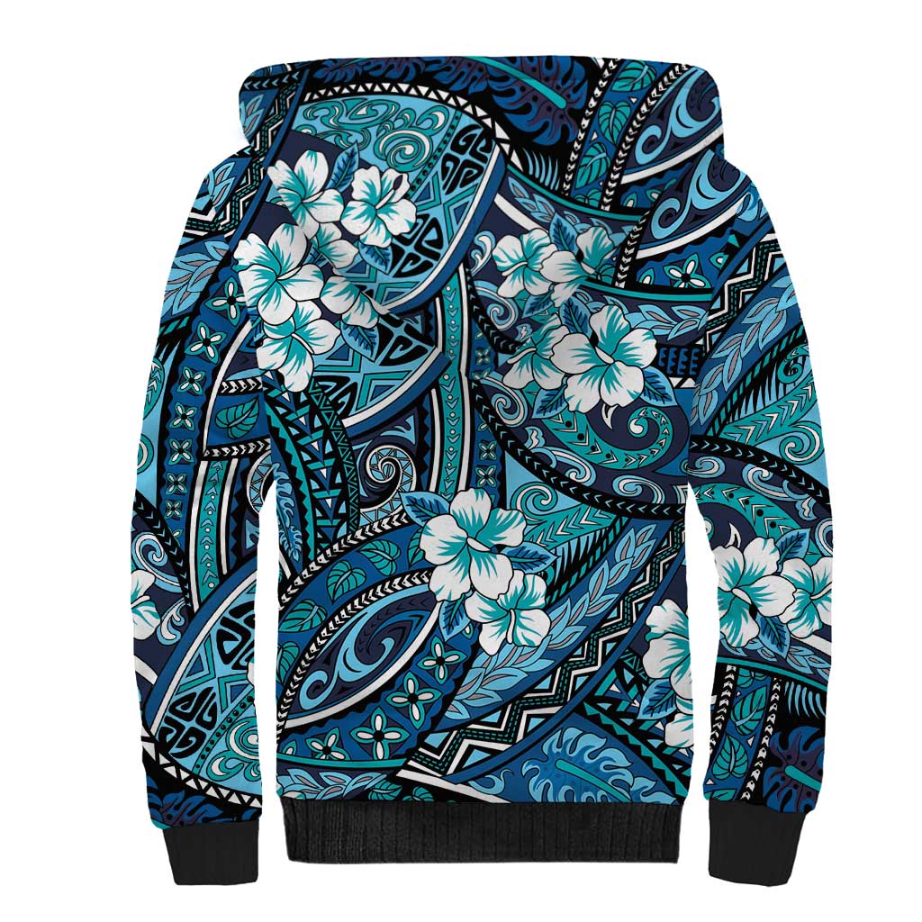 Polynesian Hibiscus Tropical Blue Floral Sherpa Hoodie Tribal Pattern LT01 - Polynesian Pride