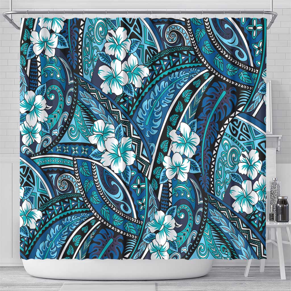 Polynesian Hibiscus Tropical Blue Floral Shower Curtain Tribal Pattern - Polynesian Pride