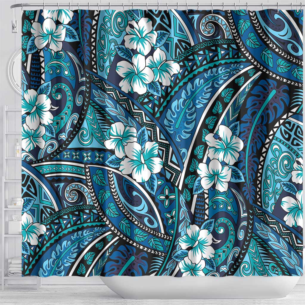 Polynesian Hibiscus Tropical Blue Floral Shower Curtain Tribal Pattern - Polynesian Pride