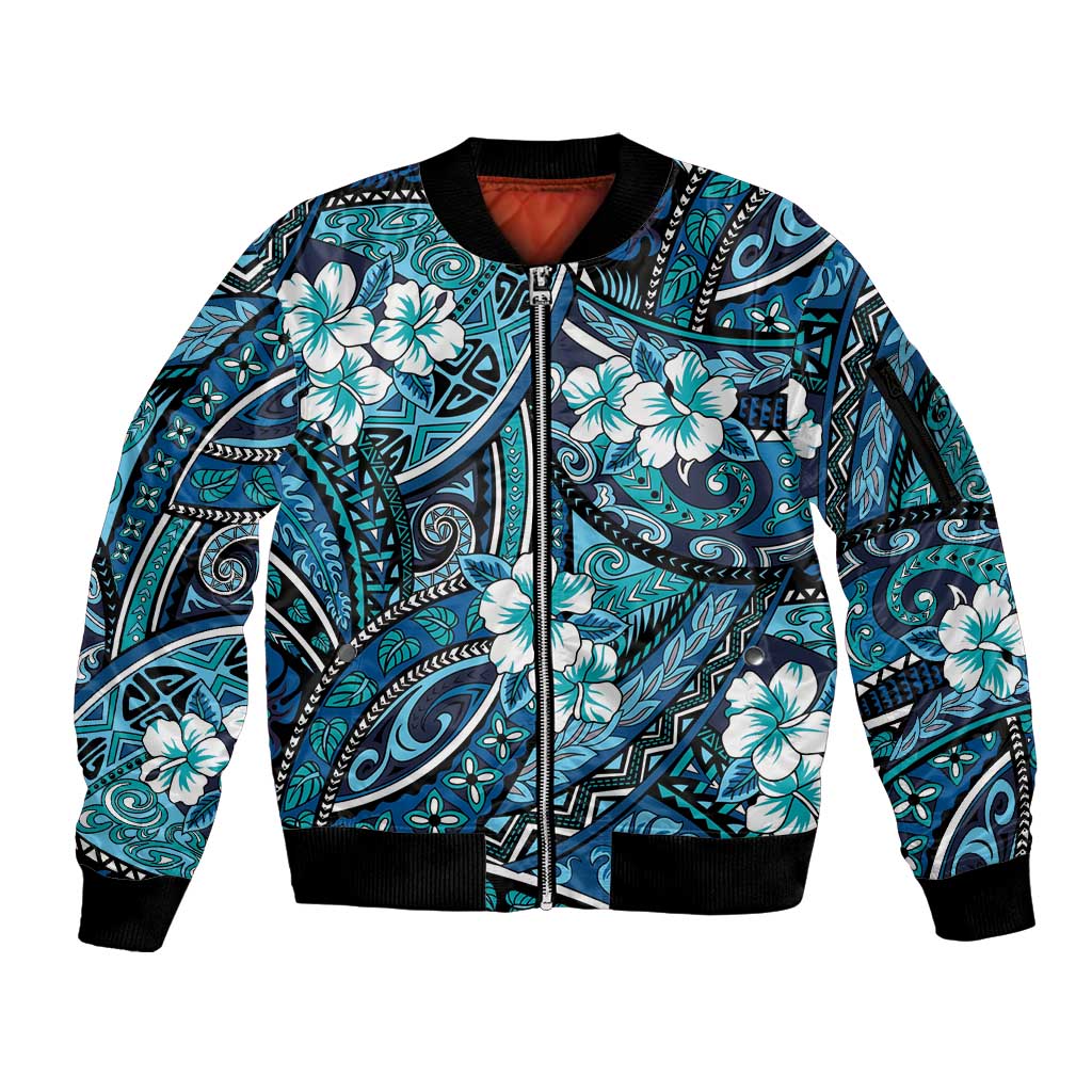 Polynesian Hibiscus Tropical Blue Floral Sleeve Zip Bomber Jacket Tribal Pattern - Polynesian Pride