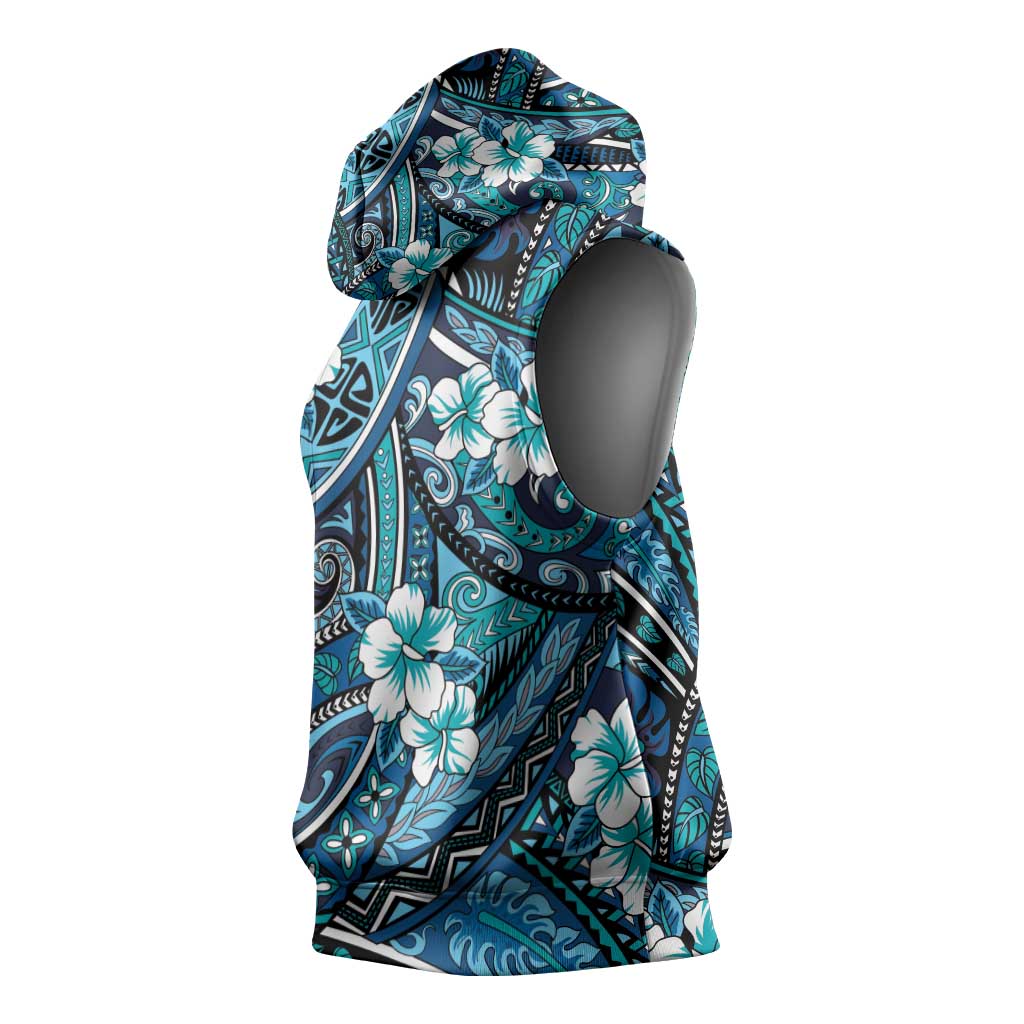 Polynesian Hibiscus Tropical Blue Floral Sleeveless Hoodie Tribal Pattern LT01 - Polynesian Pride