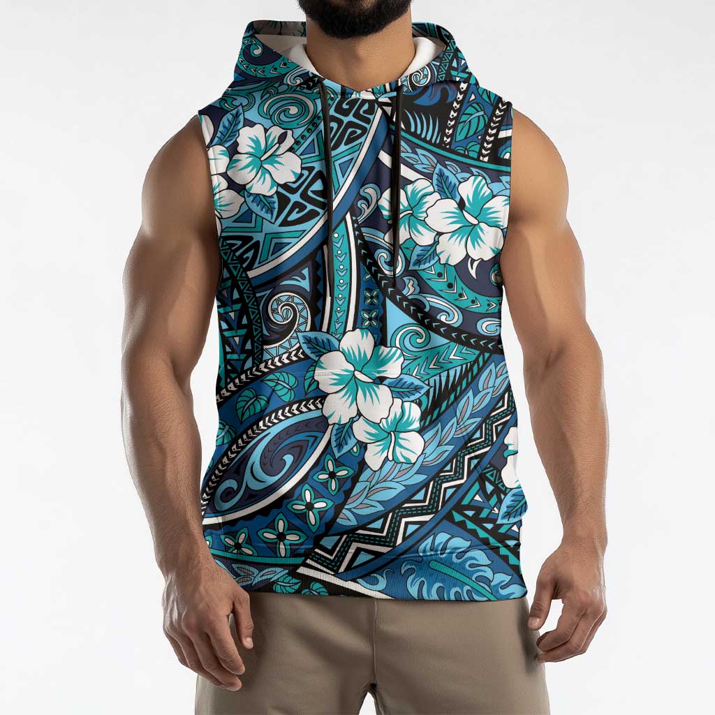 Polynesian Hibiscus Tropical Blue Floral Sleeveless Hoodie Tribal Pattern LT01 - Polynesian Pride