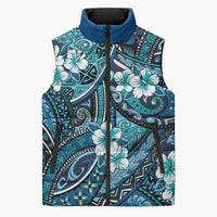 Polynesian Hibiscus Tropical Blue Floral Sleeveless Puffer Jacket Tribal Pattern LT01 Unisex Blue - Polynesian Pride