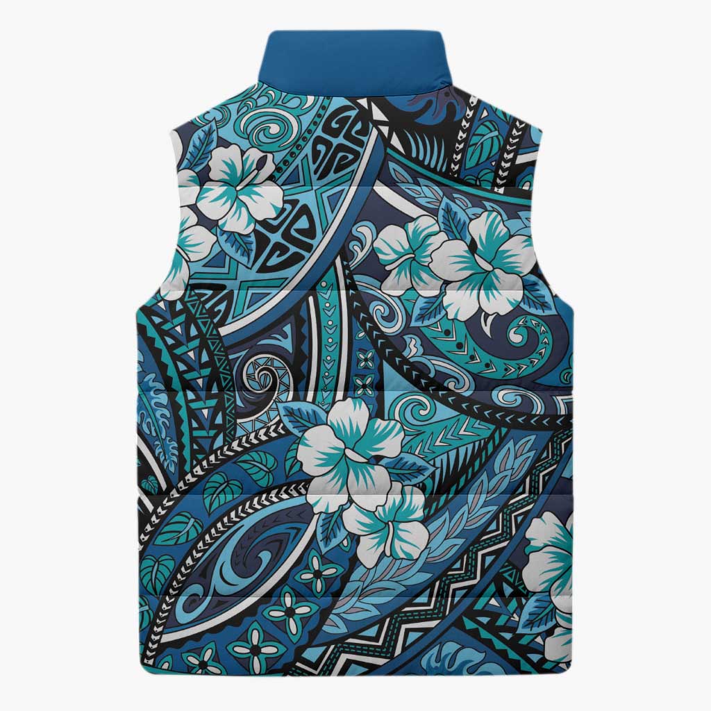 Polynesian Hibiscus Tropical Blue Floral Sleeveless Puffer Jacket Tribal Pattern LT01 - Polynesian Pride
