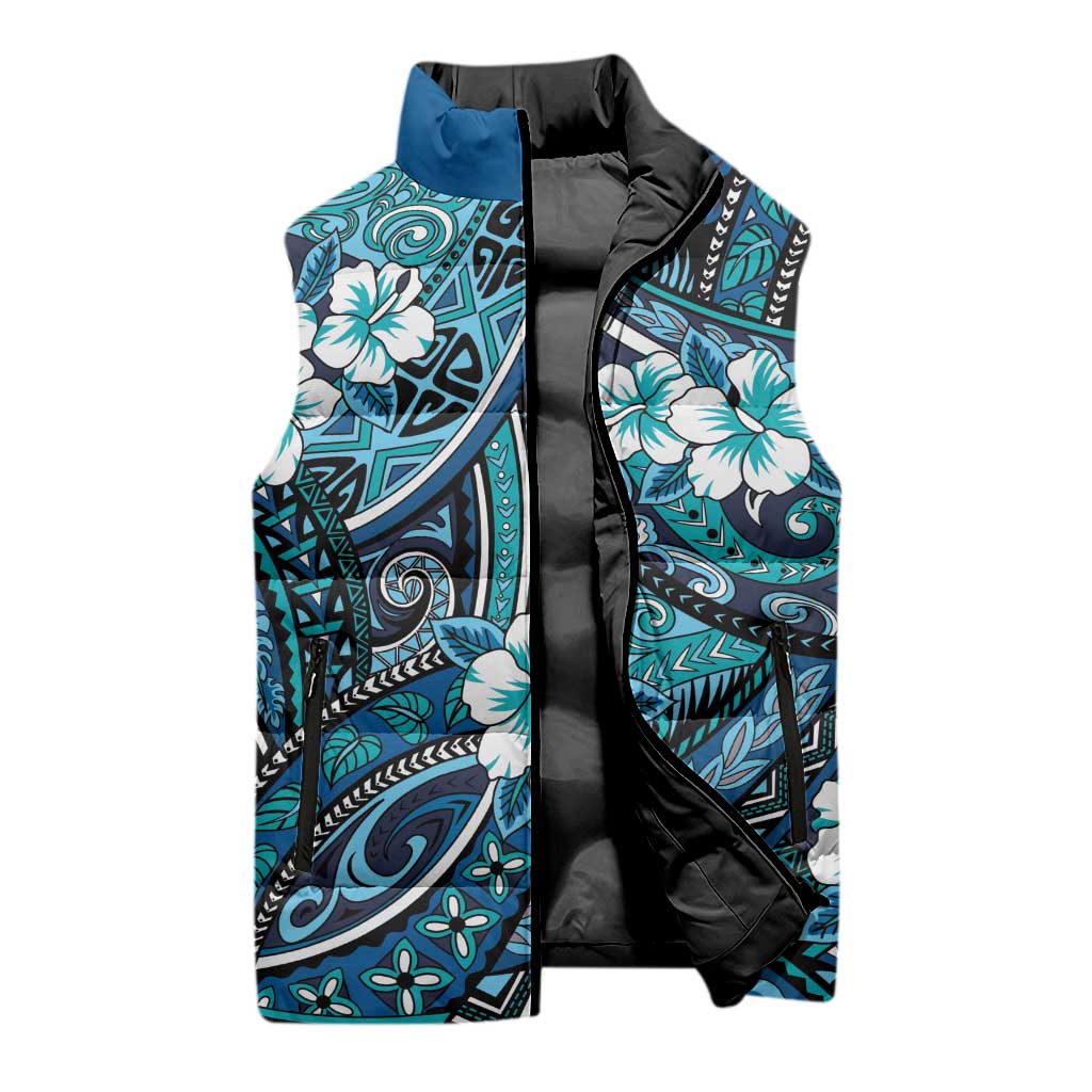Polynesian Hibiscus Tropical Blue Floral Sleeveless Puffer Jacket Tribal Pattern LT01 - Polynesian Pride