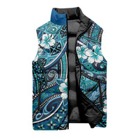 Polynesian Hibiscus Tropical Blue Floral Sleeveless Puffer Jacket Tribal Pattern LT01 - Polynesian Pride