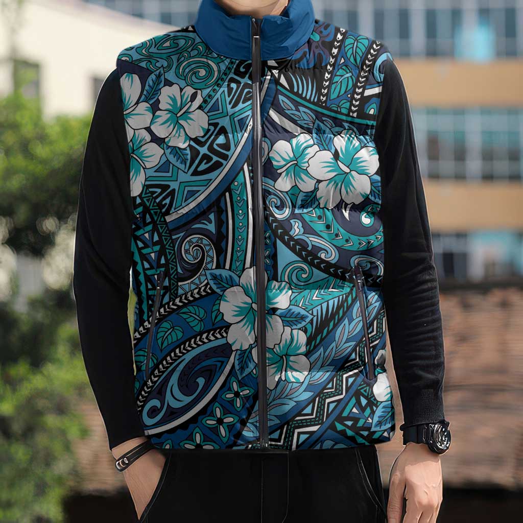Polynesian Hibiscus Tropical Blue Floral Sleeveless Puffer Jacket Tribal Pattern LT01 - Polynesian Pride
