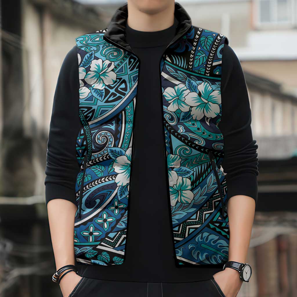 Polynesian Hibiscus Tropical Blue Floral Sleeveless Puffer Jacket Tribal Pattern LT01 - Polynesian Pride