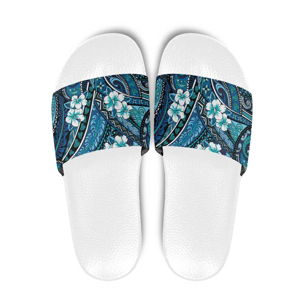 Polynesian Hibiscus Tropical Blue Floral Slide Sandals Tribal Pattern - Polynesian Pride