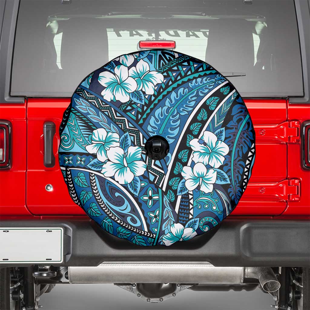 Polynesian Hibiscus Tropical Blue Floral Spare Tire Cover Tribal Pattern - Polynesian Pride