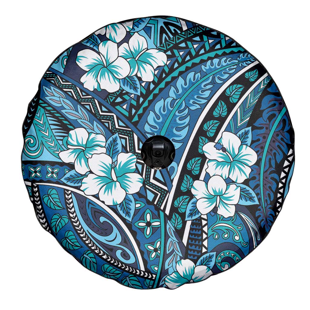 Polynesian Hibiscus Tropical Blue Floral Spare Tire Cover Tribal Pattern - Polynesian Pride
