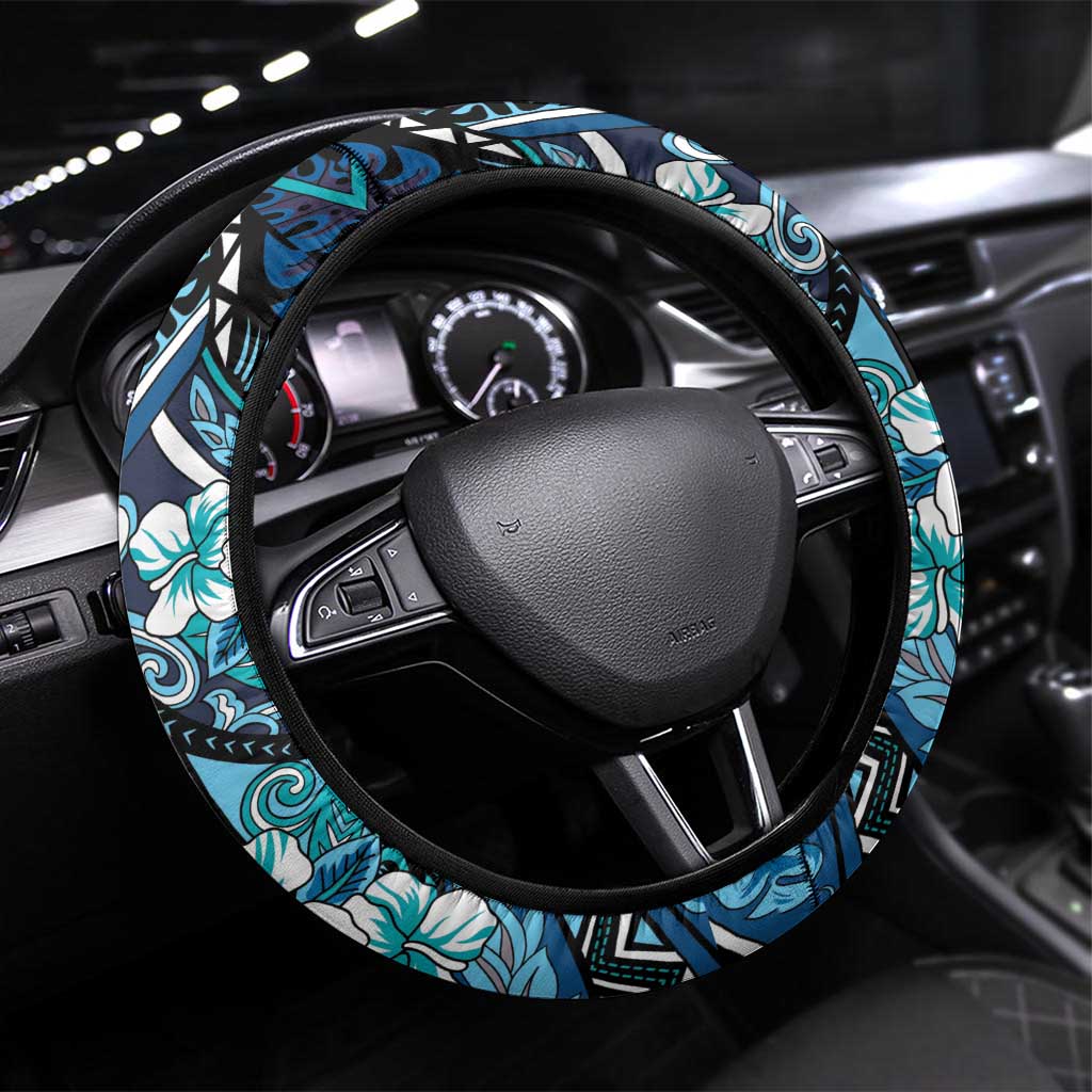 Polynesian Hibiscus Tropical Blue Floral Steering Wheel Cover Tribal Pattern LT01 Universal Fit Blue - Polynesian Pride