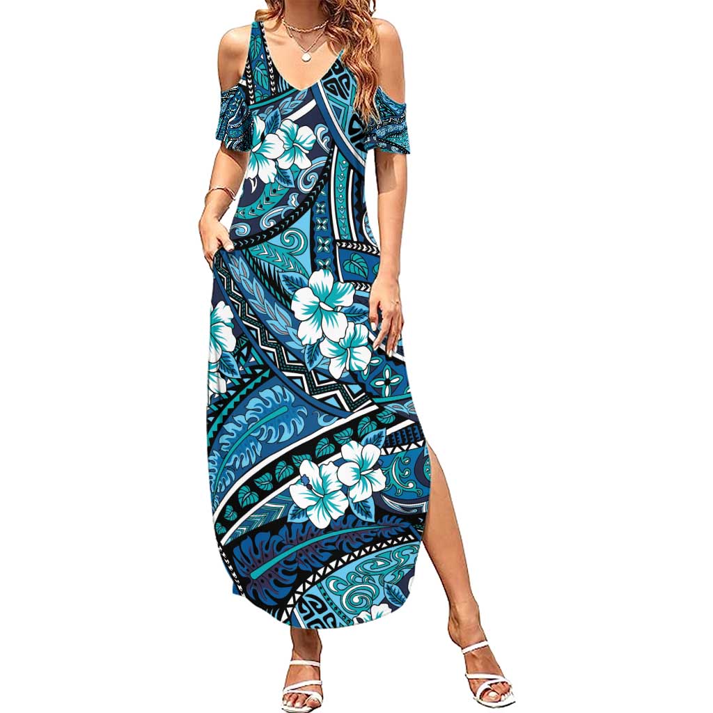 Polynesian Hibiscus Tropical Blue Floral Summer Maxi Dress Tribal Pattern LT01 Women Blue - Polynesian Pride