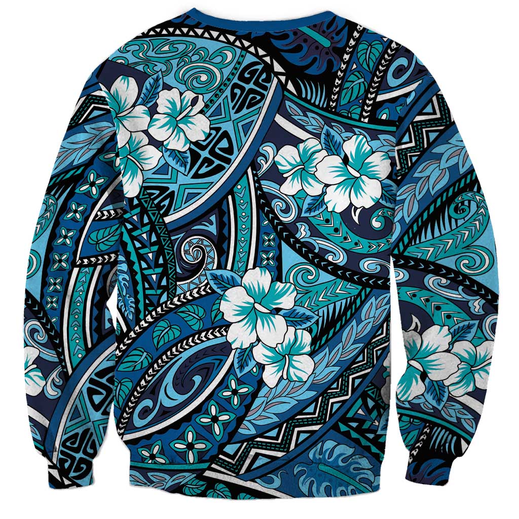 Polynesian Hibiscus Tropical Blue Floral Sweatshirt Tribal Pattern LT01 - Polynesian Pride