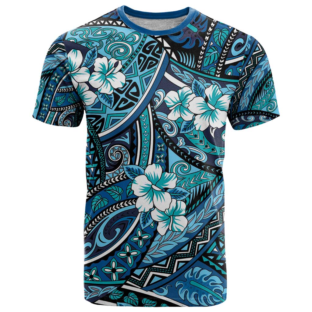 Polynesian Hibiscus Tropical Blue Floral T Shirt Tribal Pattern - Polynesian Pride