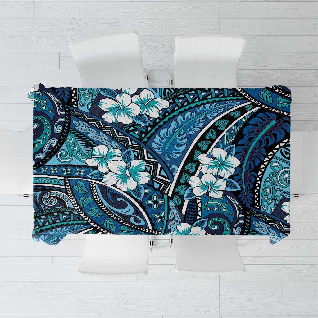 Polynesian Hibiscus Tropical Blue Floral Tablecloth Tribal Pattern LT01 Blue - Polynesian Pride
