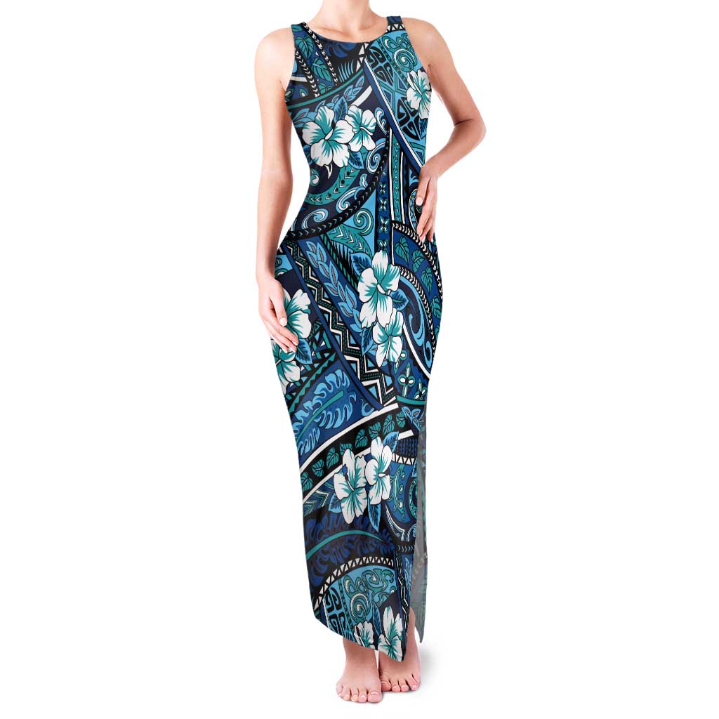 Polynesian Hibiscus Tropical Blue Floral Tank Maxi Dress Tribal Pattern LT01 Women Blue - Polynesian Pride