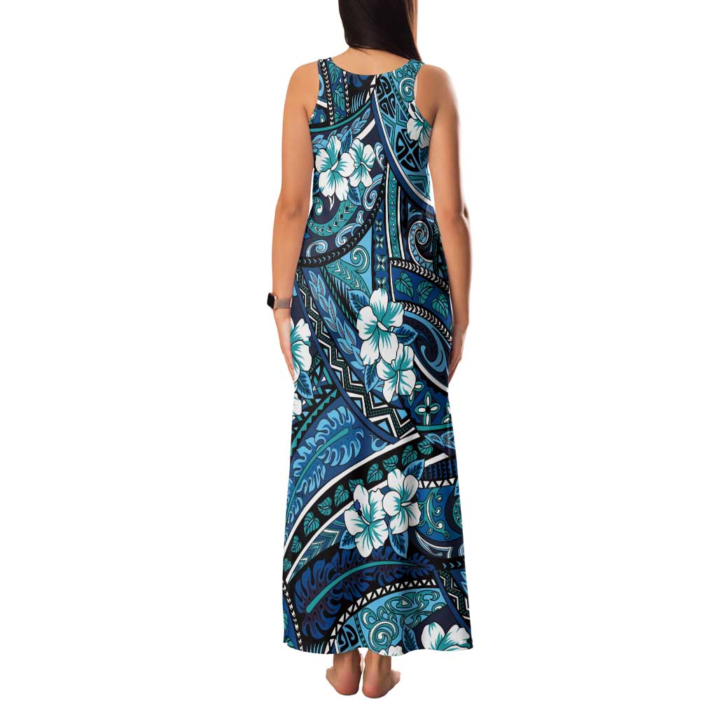 Polynesian Hibiscus Tropical Blue Floral Tank Maxi Dress Tribal Pattern LT01 - Polynesian Pride