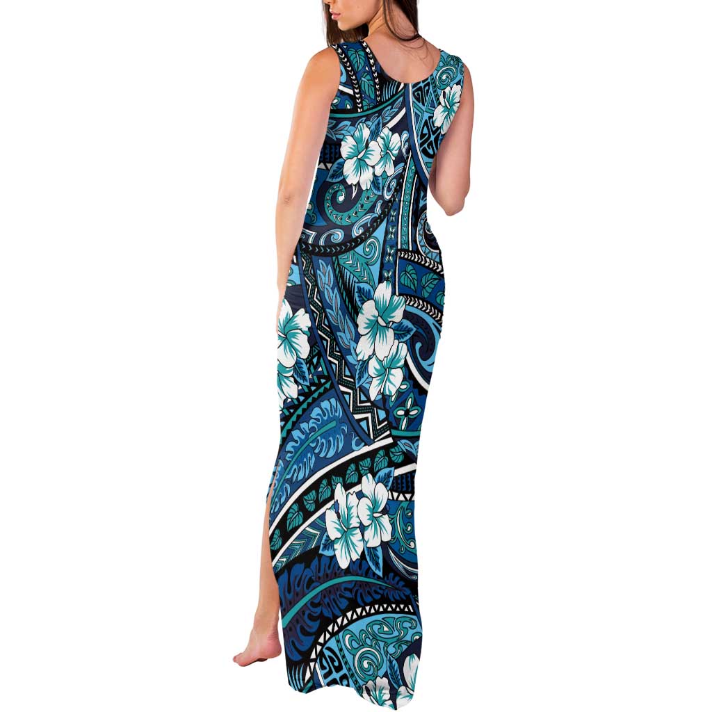 Polynesian Hibiscus Tropical Blue Floral Tank Maxi Dress Tribal Pattern LT01 - Polynesian Pride