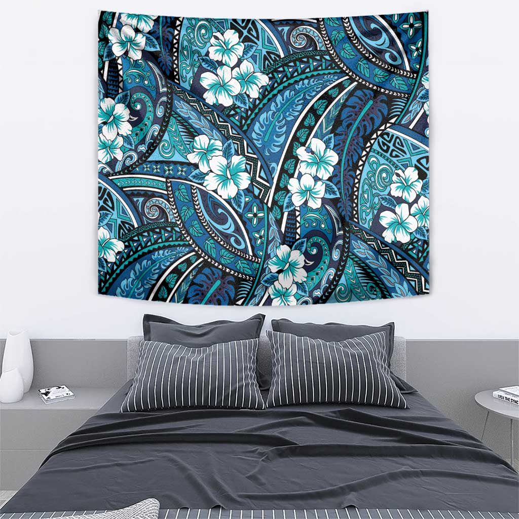 Polynesian Hibiscus Tropical Blue Floral Tapestry Tribal Pattern - Polynesian Pride