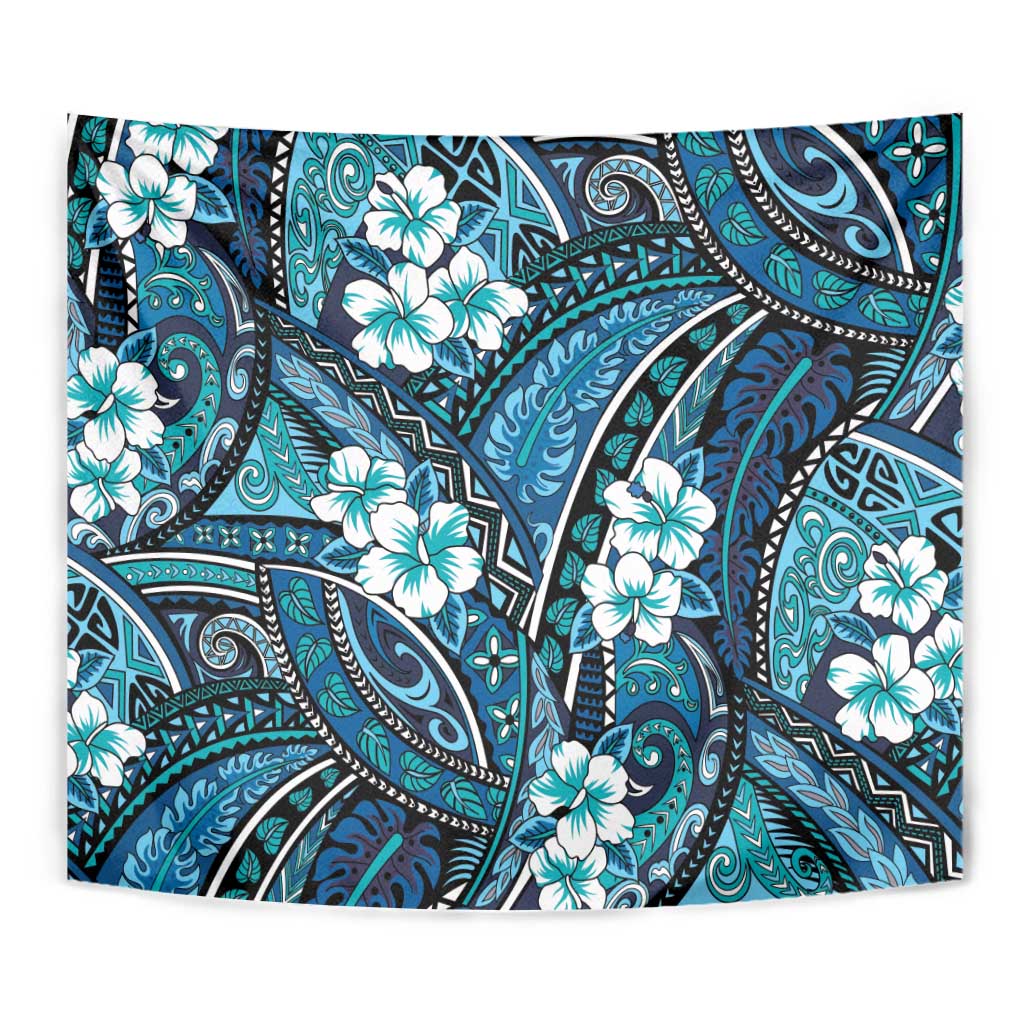 Polynesian Hibiscus Tropical Blue Floral Tapestry Tribal Pattern - Polynesian Pride