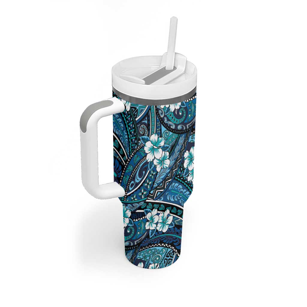Polynesian Hibiscus Tropical Blue Floral Tumbler With Handle Tribal Pattern - Polynesian Pride