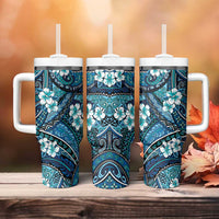 Polynesian Hibiscus Tropical Blue Floral Tumbler With Handle Tribal Pattern - Polynesian Pride