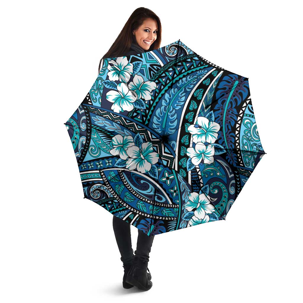 Polynesian Hibiscus Tropical Blue Floral Umbrella Tribal Pattern - Polynesian Pride