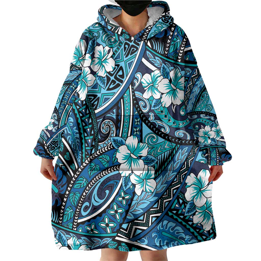 Polynesian Hibiscus Tropical Blue Floral Wearable Blanket Hoodie Tribal Pattern LT01 - Polynesian Pride